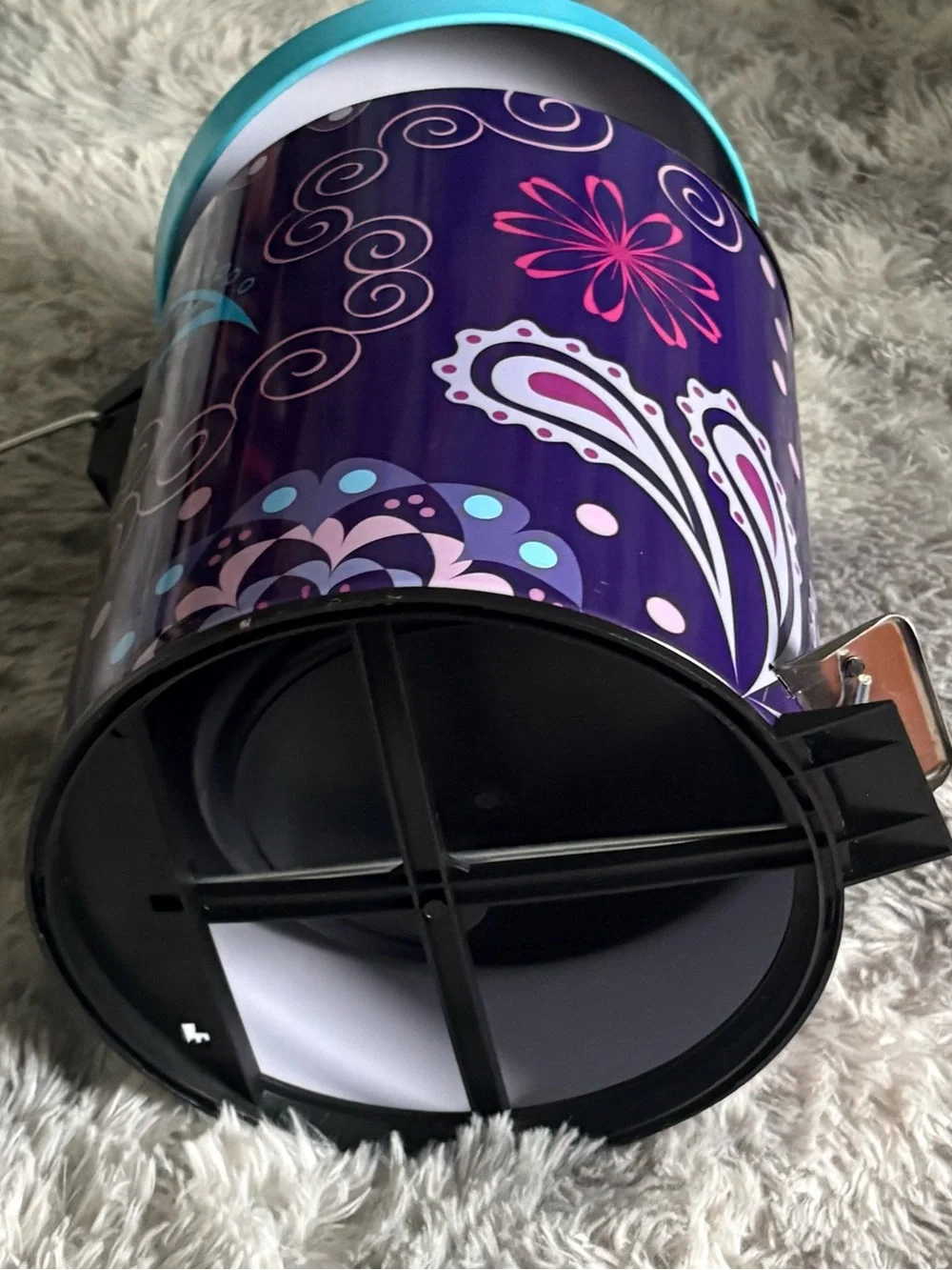 Pedal step trash can metal paisley floral groovy dorm girls bedroom purple blue